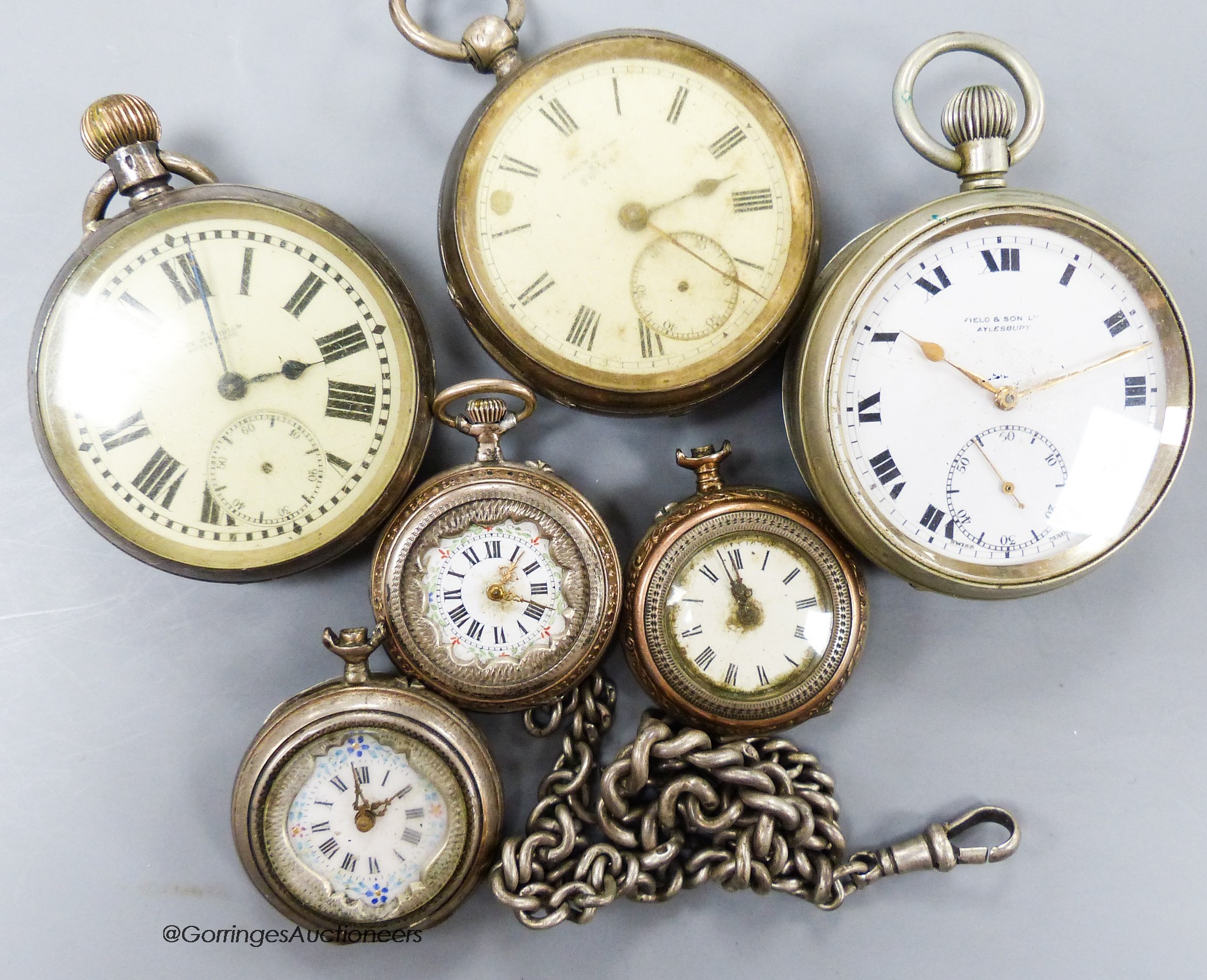 A late Victorian silver open faced pocket watch, a Swiss white metal pocket watch, one other pocket watch and three fob watches.